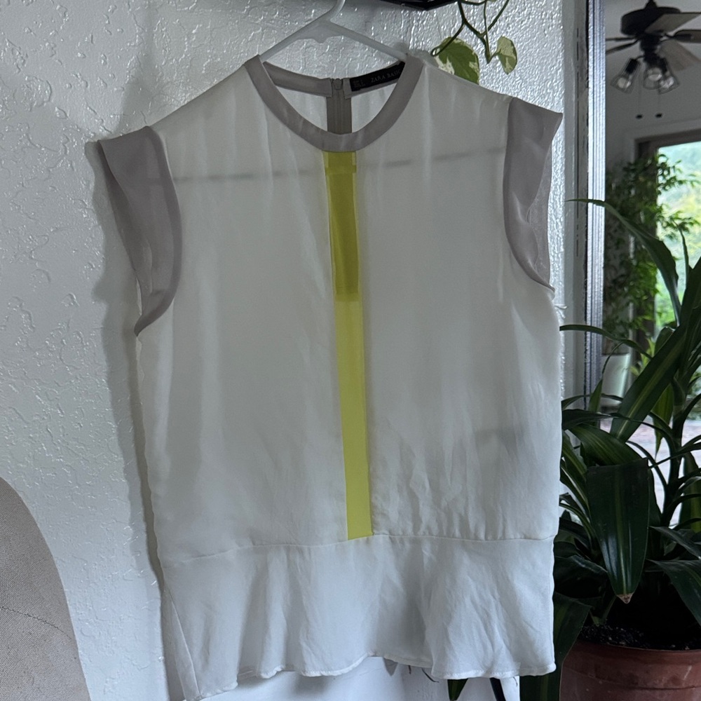 Zara White Blouse with Gray Trim and Yellow Center Panel